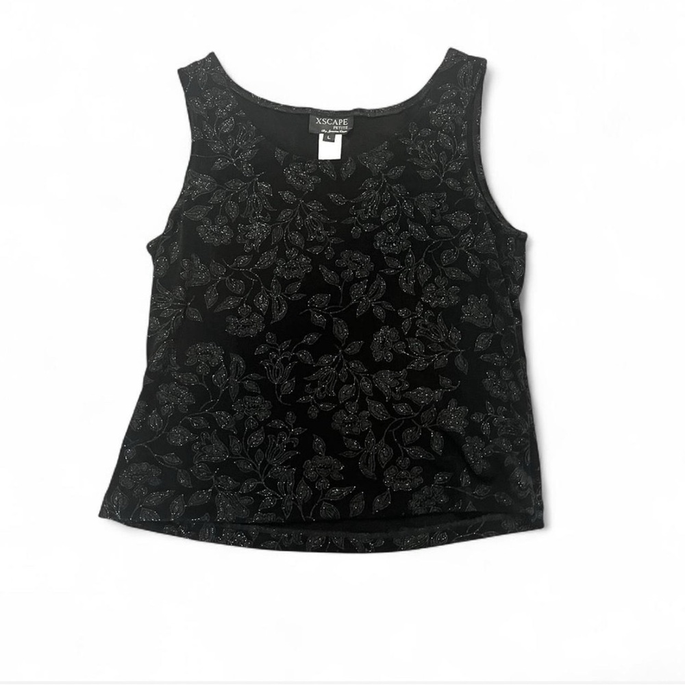 Xscape Black Tank Top Glitter Floral Print